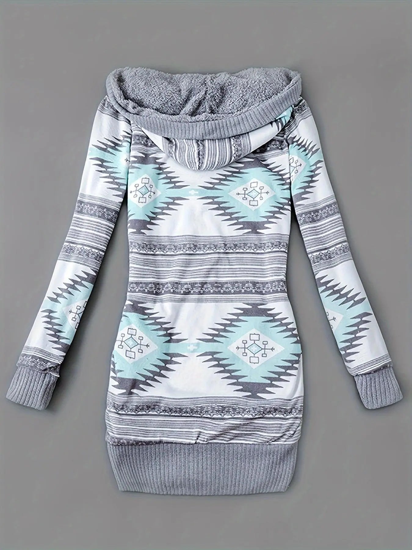 Geo Print Button Front Hoodie, Casual Long Sleeve Dual Pockets Slim Cardigan For Fall & Winter, Women's Clothing - SS69