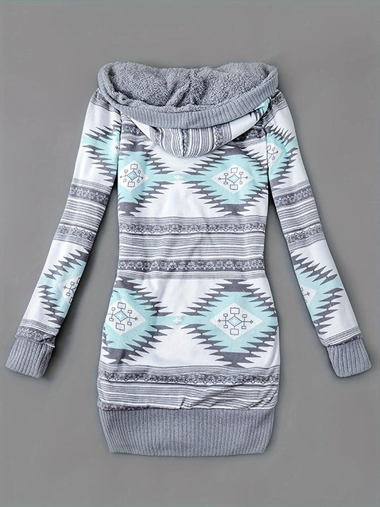 Geo Print Button Front Hoodie, Casual Long Sleeve Dual Pockets Slim Cardigan For Fall & Winter, Women's Clothing - SS69