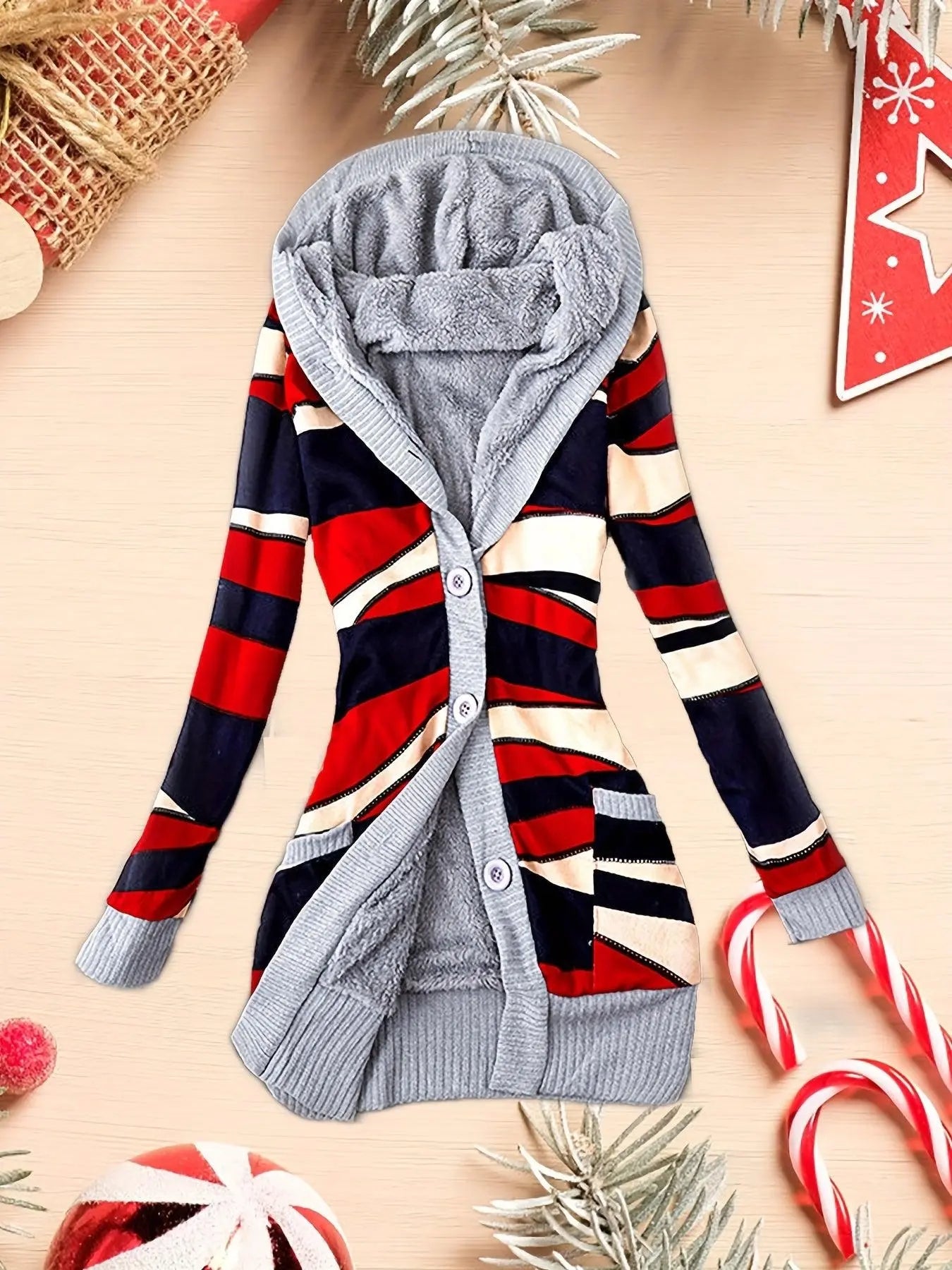 Geo Print Button Front Hoodie, Casual Long Sleeve Dual Pockets Slim Cardigan For Fall & Winter, Women's Clothing - SS69