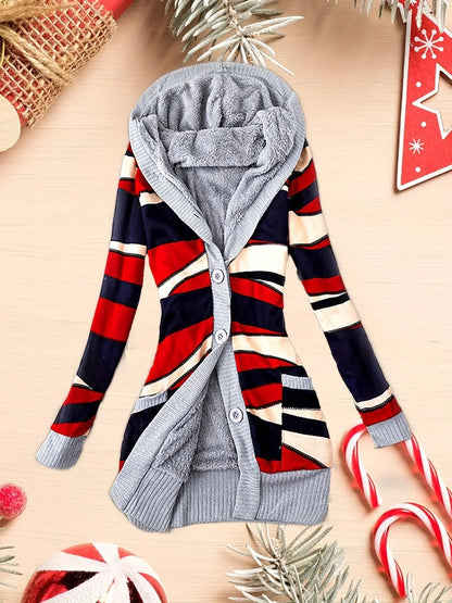 Geo Print Button Front Hoodie, Casual Long Sleeve Dual Pockets Slim Cardigan For Fall & Winter, Women's Clothing - SS69