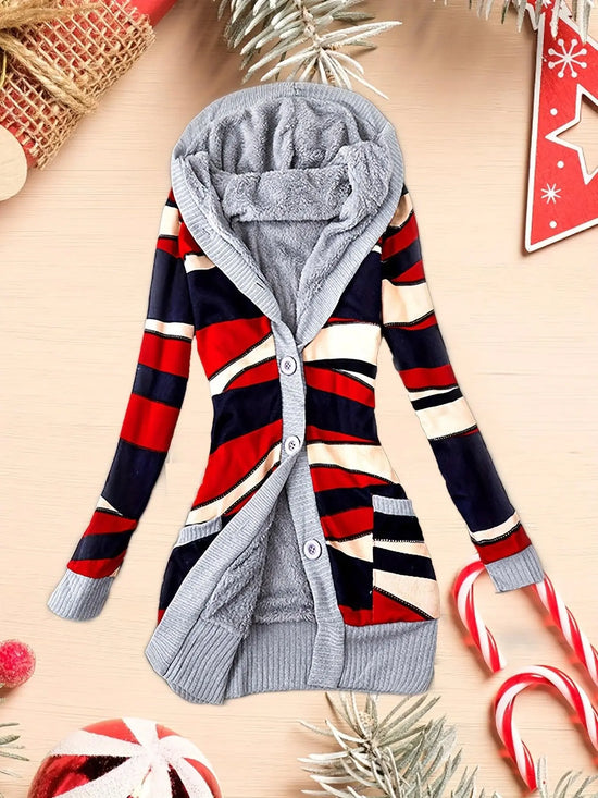 Geo Print Button Front Hoodie, Casual Long Sleeve Dual Pockets Slim Cardigan For Fall & Winter, Women's Clothing - SS69