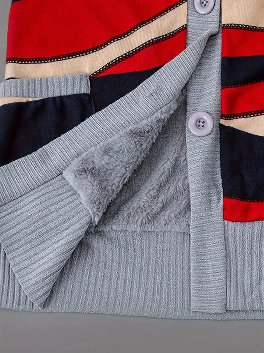 Geo Print Button Front Hoodie, Casual Long Sleeve Dual Pockets Slim Cardigan For Fall & Winter, Women's Clothing - SS69