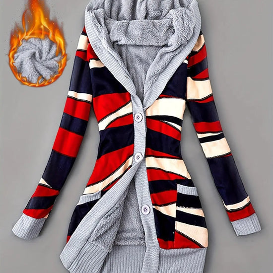 Geo Print Button Front Hoodie, Casual Long Sleeve Dual Pockets Slim Cardigan For Fall & Winter, Women's Clothing - SS69