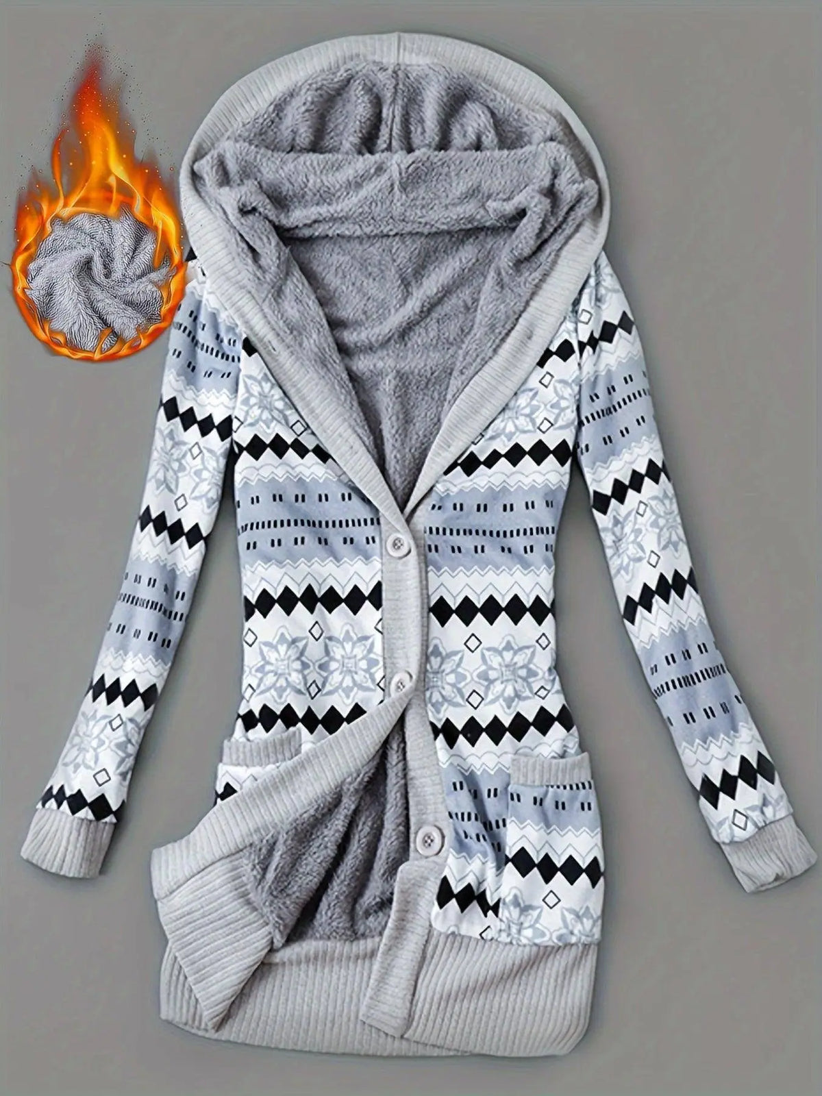 Geo Print Button Front Hoodie, Casual Long Sleeve Dual Pockets Slim Cardigan For Fall & Winter, Women's Clothing SS69