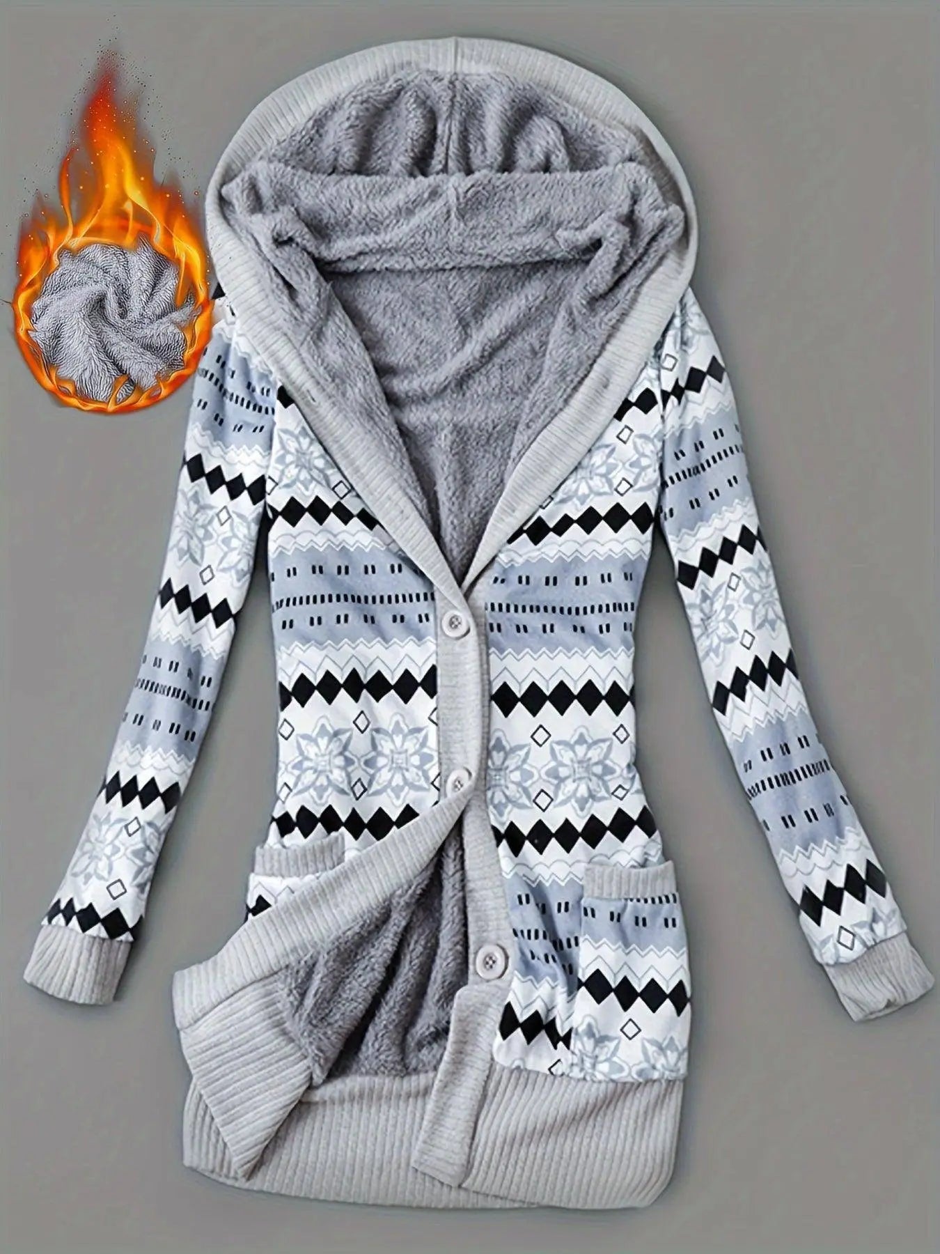 Geo Print Button Front Hoodie, Casual Long Sleeve Dual Pockets Slim Cardigan For Fall & Winter, Women's Clothing SS69