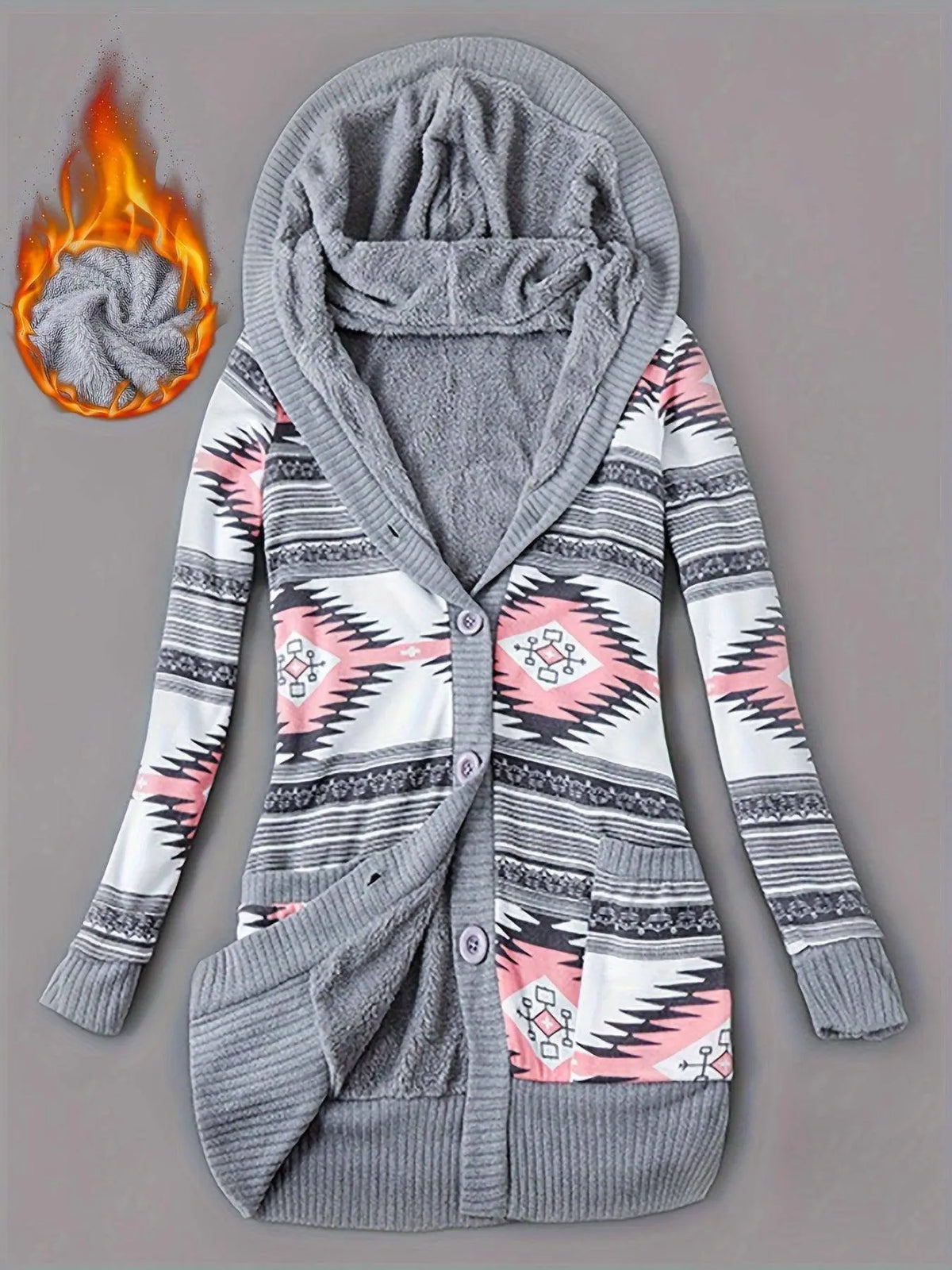 Geo Print Button Front Hoodie, Casual Long Sleeve Dual Pockets Slim Cardigan For Fall & Winter, Women's Clothing SS69