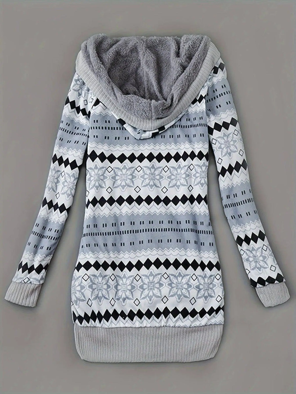 Geo Print Button Front Hoodie, Casual Long Sleeve Dual Pockets Slim Cardigan For Fall & Winter, Women's Clothing SS69