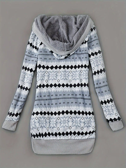 Geo Print Button Front Hoodie, Casual Long Sleeve Dual Pockets Slim Cardigan For Fall & Winter, Women's Clothing SS69