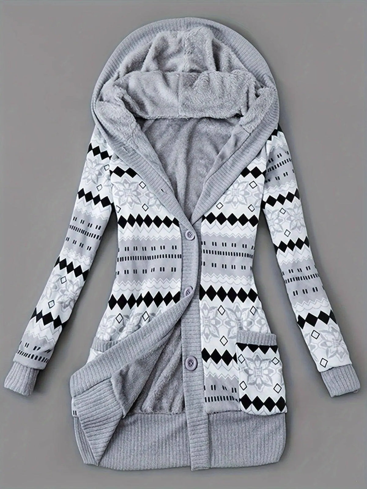 Geo Print Button Front Hoodie, Casual Long Sleeve Dual Pockets Slim Cardigan For Fall & Winter, Women's Clothing SS69
