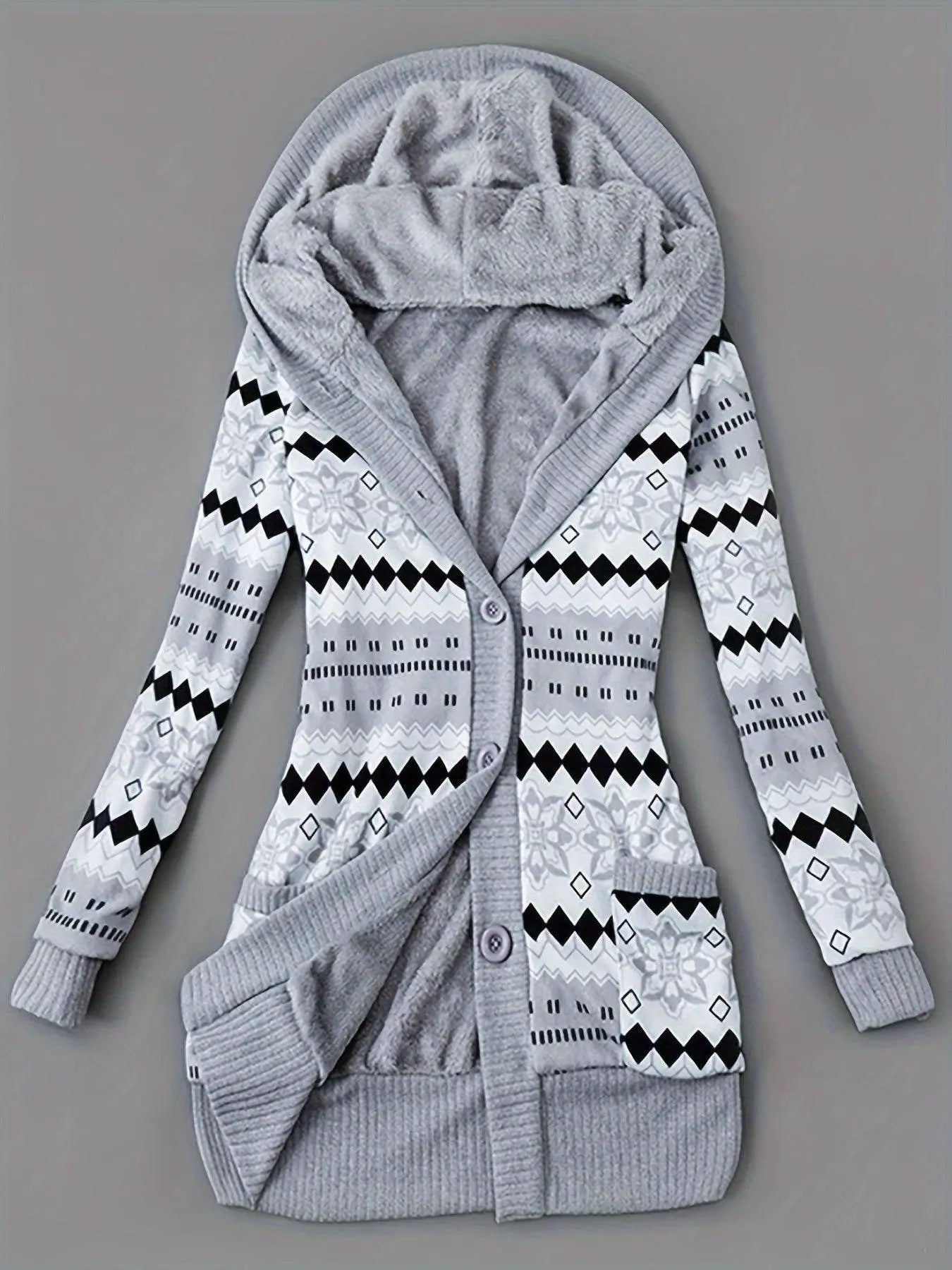 Geo Print Button Front Hoodie, Casual Long Sleeve Dual Pockets Slim Cardigan For Fall & Winter, Women's Clothing SS69