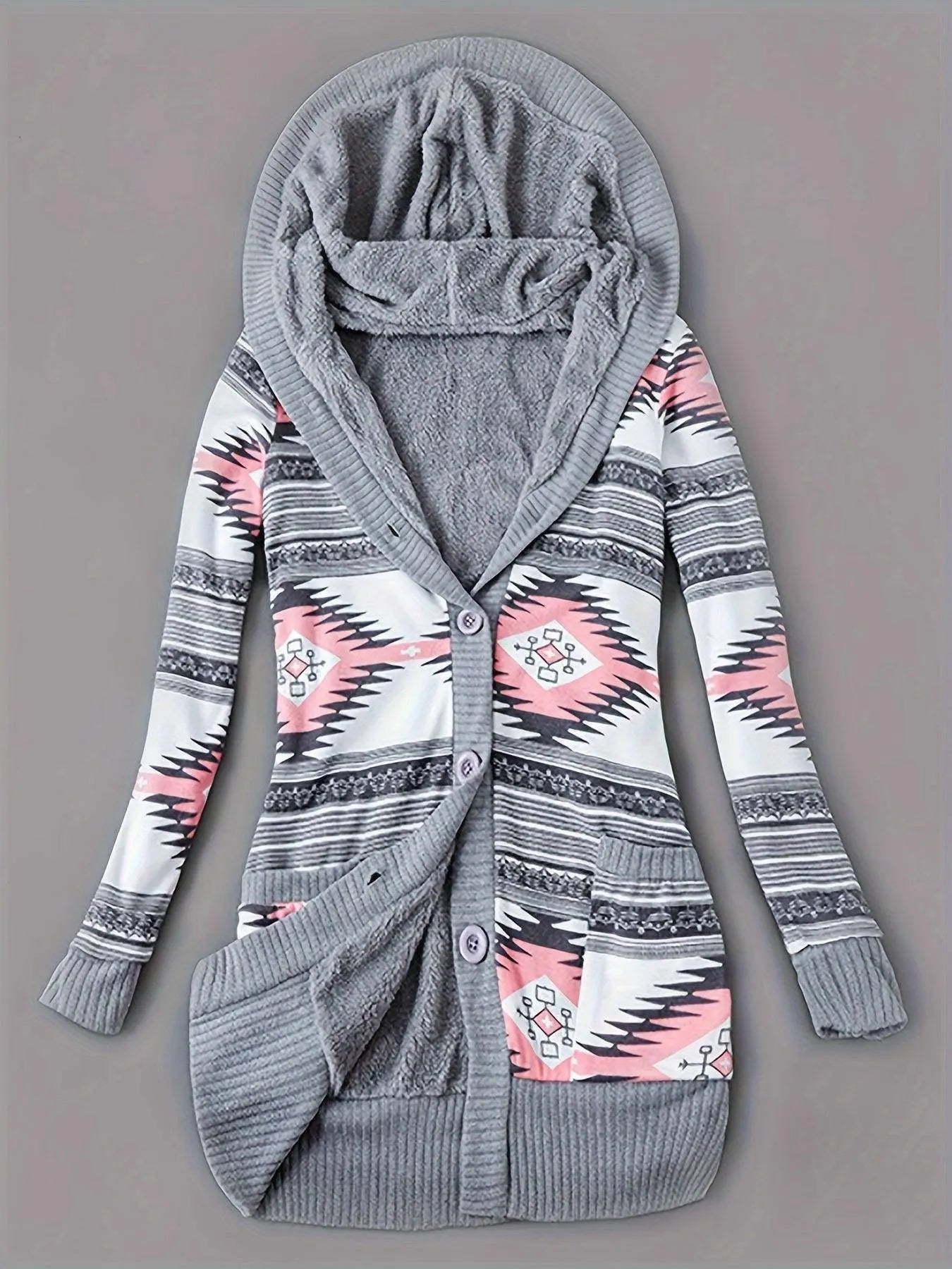 Geo Print Button Front Hoodie, Casual Long Sleeve Dual Pockets Slim Cardigan For Fall & Winter, Women's Clothing SS69