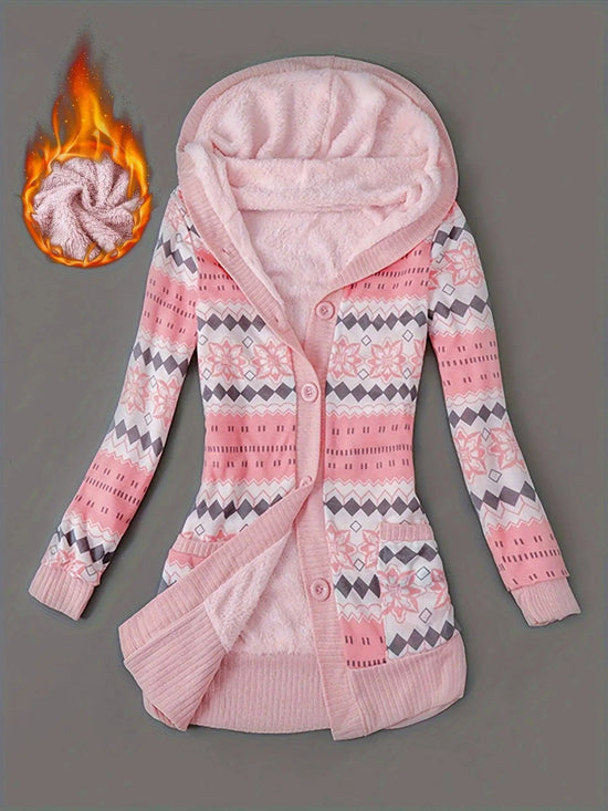 Geo Print Button Front Hoodie, Casual Long Sleeve Dual Pockets Slim Cardigan For Fall & Winter, Women's Clothing SS69