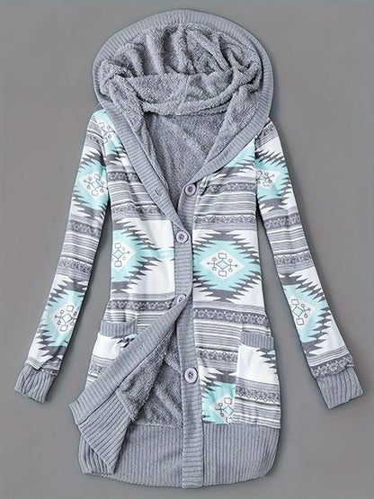 Geo Print Button Front Hoodie, Casual Long Sleeve Dual Pockets Slim Cardigan For Fall & Winter, Women's Clothing SS69