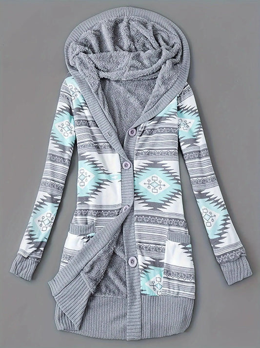 Geo Print Button Front Hoodie, Casual Long Sleeve Dual Pockets Slim Cardigan For Fall & Winter, Women's Clothing SS69