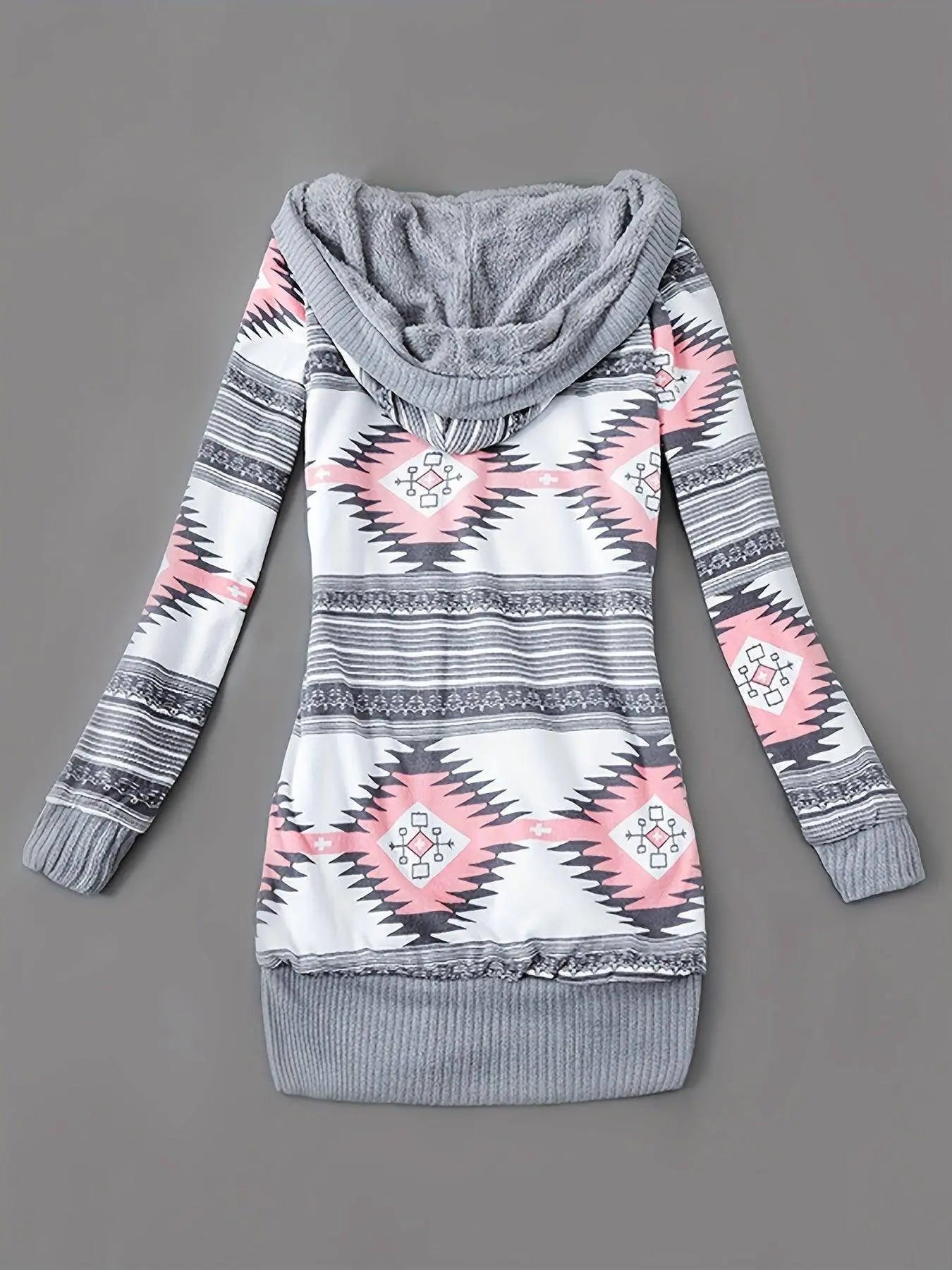 Geo Print Button Front Hoodie, Casual Long Sleeve Dual Pockets Slim Cardigan For Fall & Winter, Women's Clothing SS69
