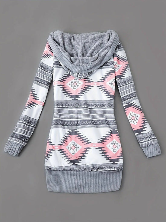 Geo Print Button Front Hoodie, Casual Long Sleeve Dual Pockets Slim Cardigan For Fall & Winter, Women's Clothing SS69