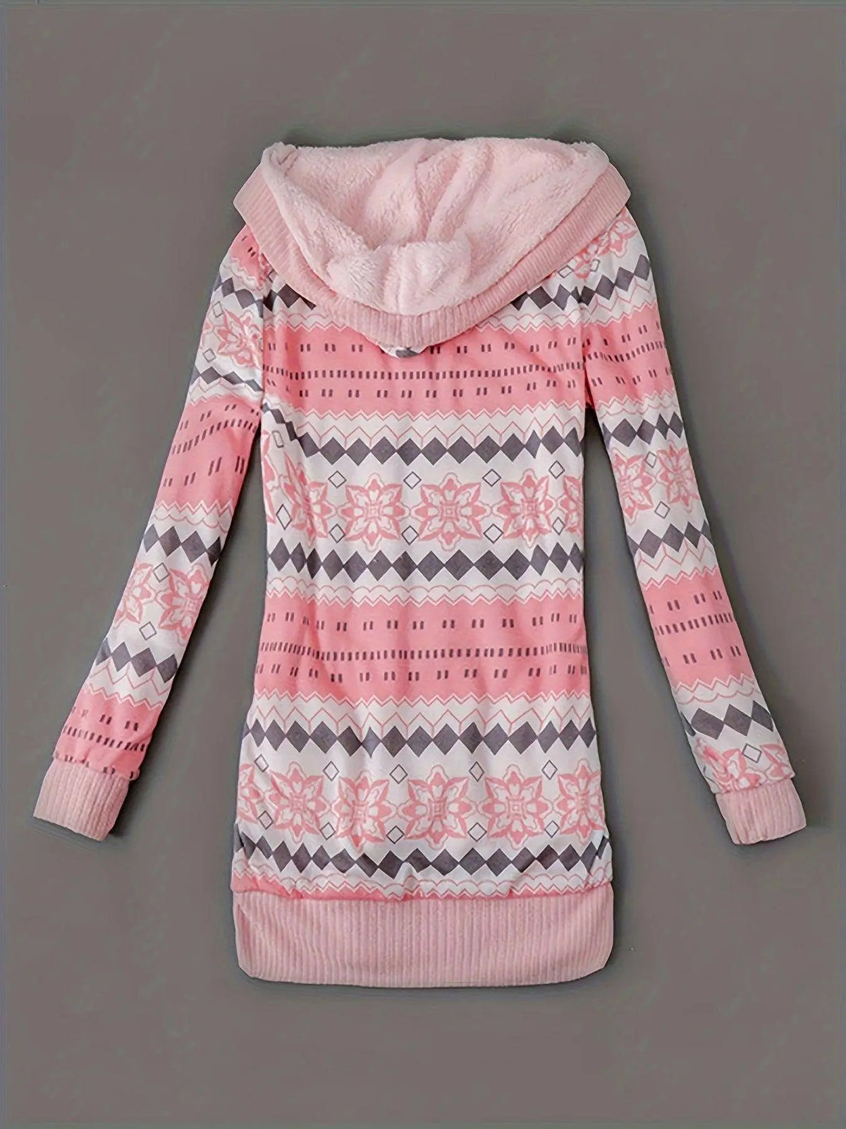 Geo Print Button Front Hoodie, Casual Long Sleeve Dual Pockets Slim Cardigan For Fall & Winter, Women's Clothing SS69