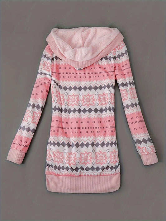 Geo Print Button Front Hoodie, Casual Long Sleeve Dual Pockets Slim Cardigan For Fall & Winter, Women's Clothing SS69