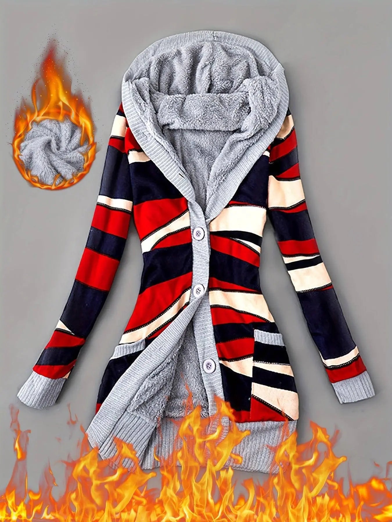 Geo Print Button Front Hoodie, Casual Long Sleeve Dual Pockets Slim Cardigan For Fall & Winter, Women's Clothing SS69