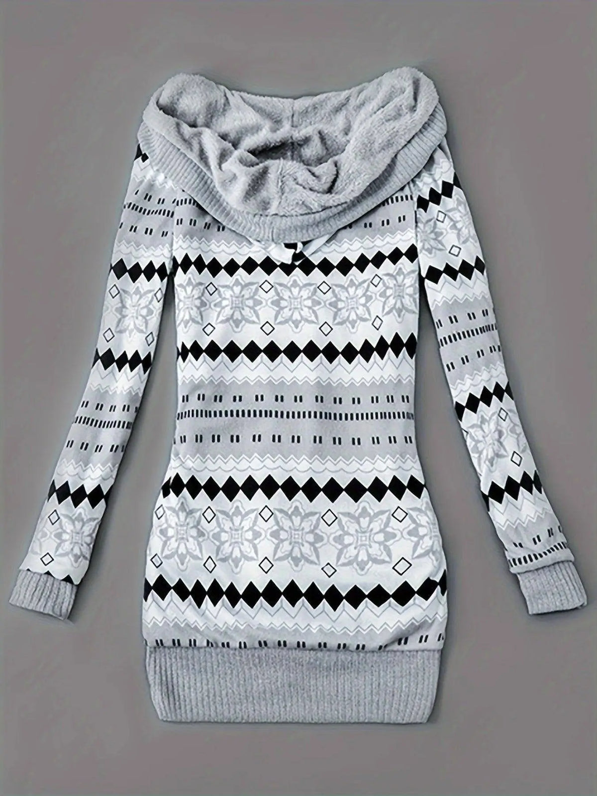 Geo Print Button Front Hoodie, Casual Long Sleeve Dual Pockets Slim Cardigan For Fall & Winter, Women's Clothing SS69