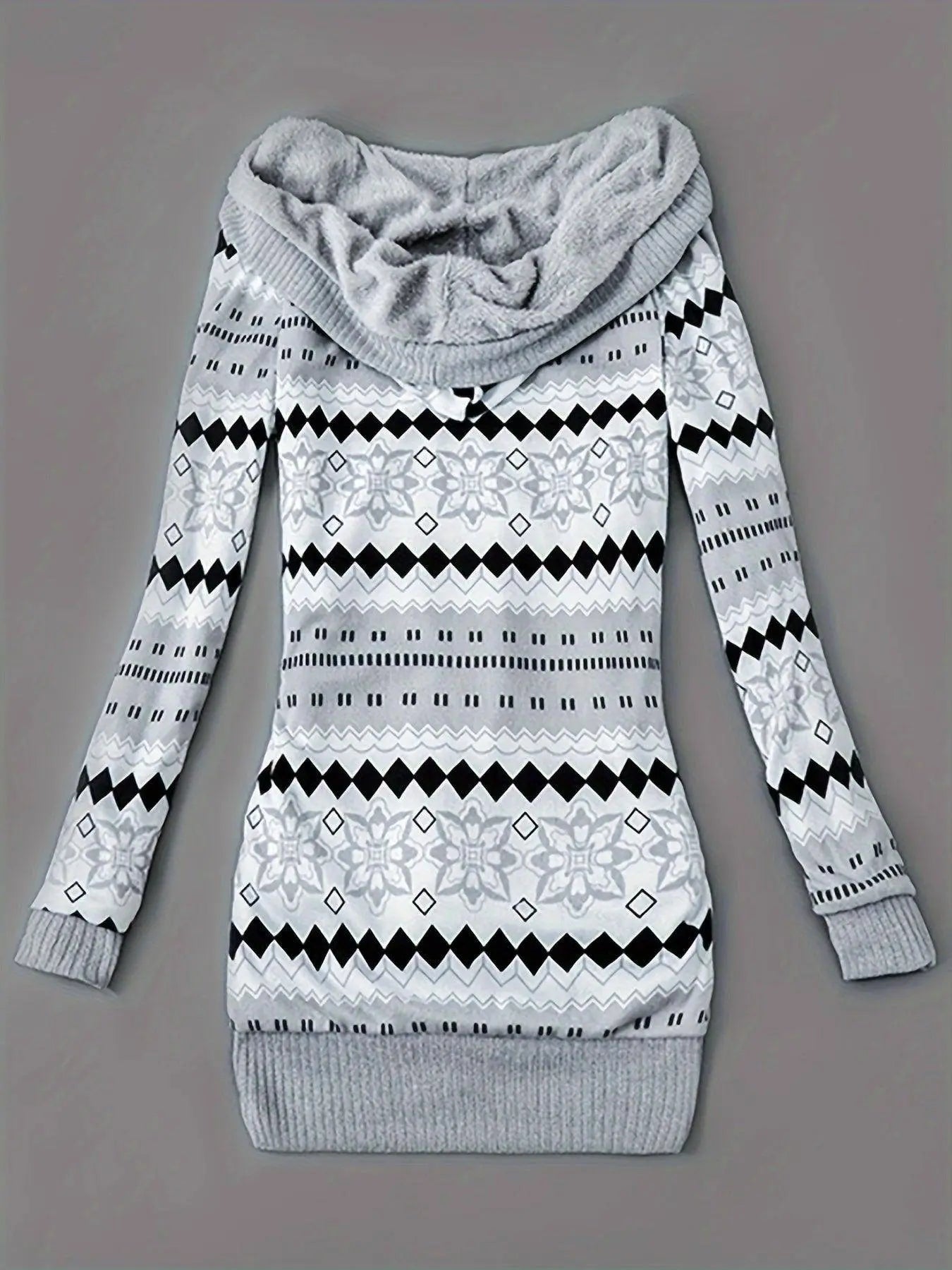 Geo Print Button Front Hoodie, Casual Long Sleeve Dual Pockets Slim Cardigan For Fall & Winter, Women's Clothing SS69