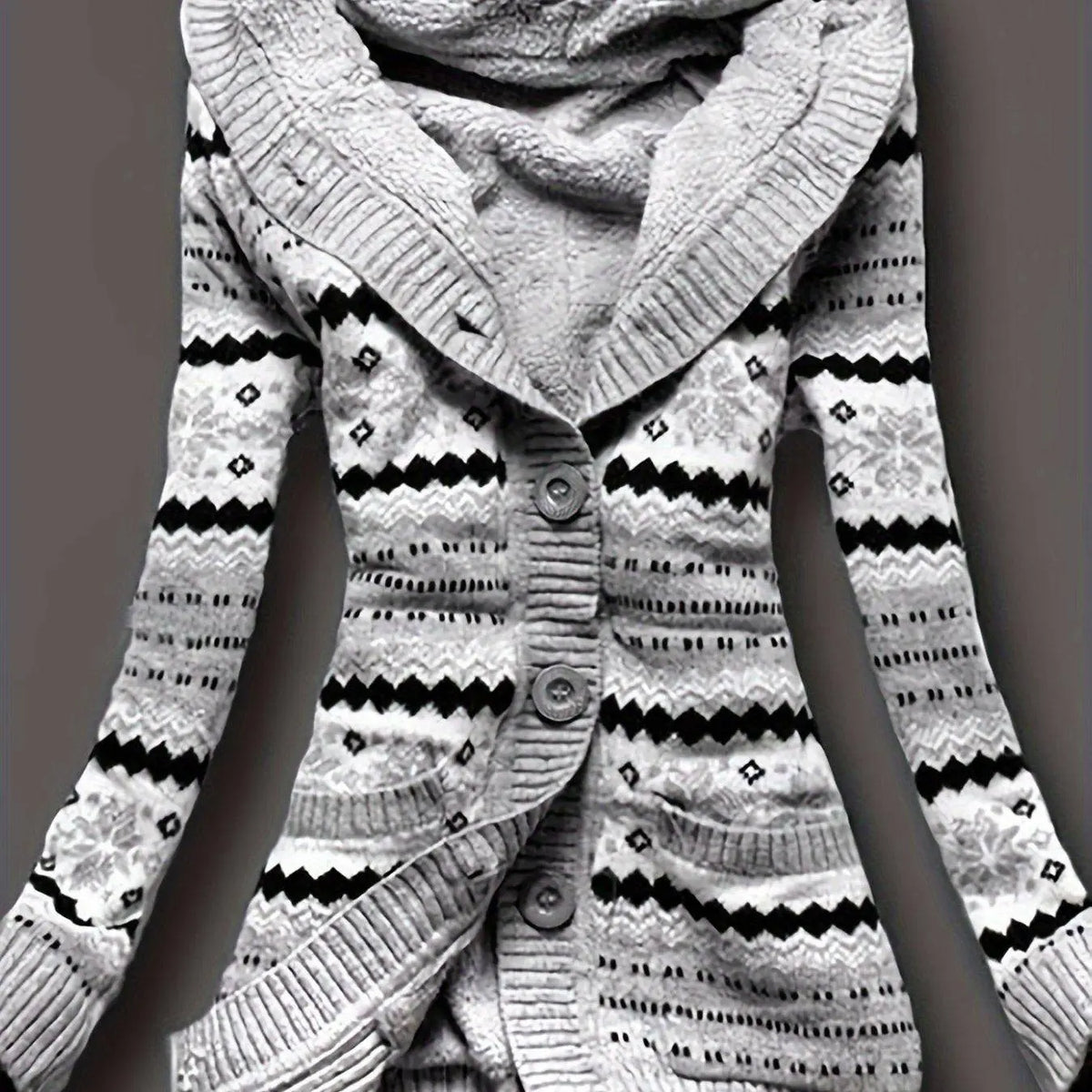 Geo Print Button Front Hoodie, Casual Long Sleeve Dual Pockets Slim Cardigan For Fall & Winter, Women's Clothing SS69 41.69 grey / Asian XXL(44)