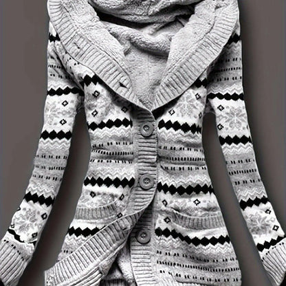 Geo Print Button Front Hoodie, Casual Long Sleeve Dual Pockets Slim Cardigan For Fall & Winter, Women's Clothing SS69 41.69 grey / Asian XXL(44)