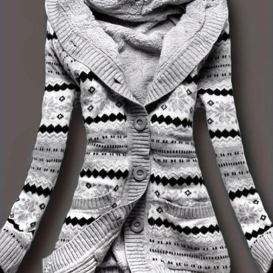 Geo Print Button Front Hoodie, Casual Long Sleeve Dual Pockets Slim Cardigan For Fall & Winter, Women's Clothing SS69 41.69 grey / Asian XXL(44)