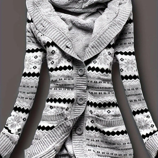 Geo Print Button Front Hoodie, Casual Long Sleeve Dual Pockets Slim Cardigan For Fall & Winter, Women's Clothing SS69 41.69 grey / Asian XXL(44)