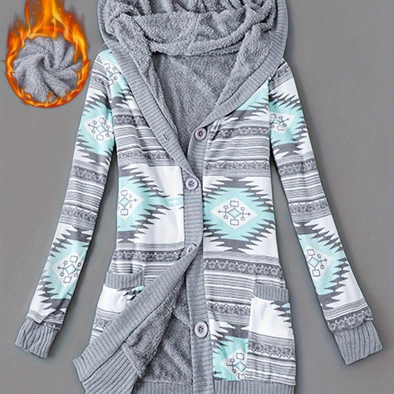 Geo Print Button Front Hoodie, Casual Long Sleeve Dual Pockets Slim Cardigan For Fall & Winter, Women's Clothing SS69 41.69 Light Green / Asian XL(42)