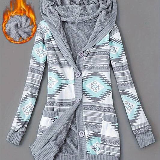 Geo Print Button Front Hoodie, Casual Long Sleeve Dual Pockets Slim Cardigan For Fall & Winter, Women's Clothing SS69 41.69 Light Green / Asian XL(42)