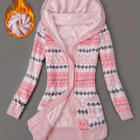 Geo Print Button Front Hoodie, Casual Long Sleeve Dual Pockets Slim Cardigan For Fall & Winter, Women's Clothing SS69 41.69 Pink Color / Asian XXL(44)