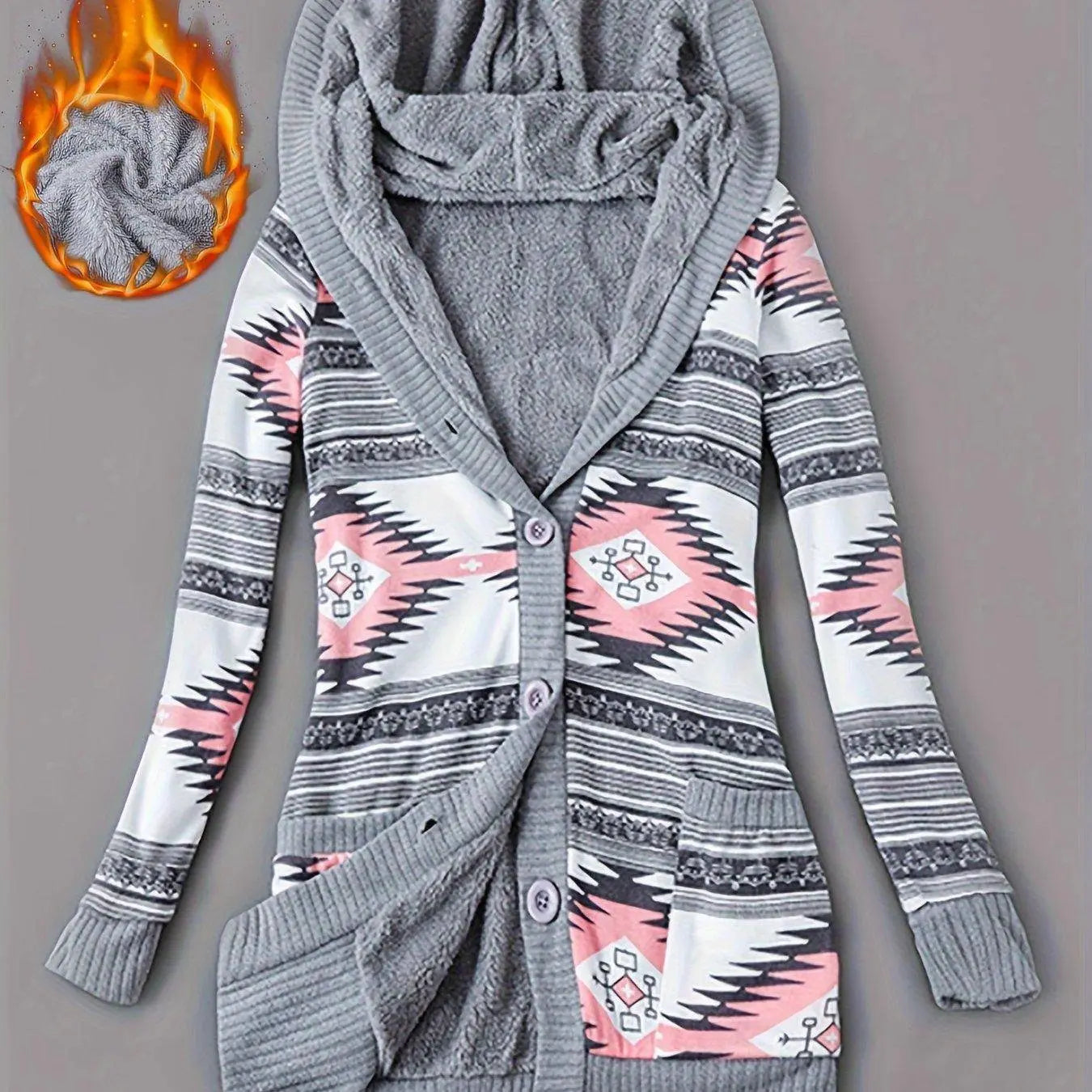 Geo Print Button Front Hoodie, Casual Long Sleeve Dual Pockets Slim Cardigan For Fall & Winter, Women's Clothing SS69 41.69 Grey Pink / Asian XXL(44)