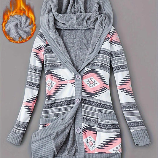 Geo Print Button Front Hoodie, Casual Long Sleeve Dual Pockets Slim Cardigan For Fall & Winter, Women's Clothing SS69 41.69 Grey Pink / Asian XXL(44)