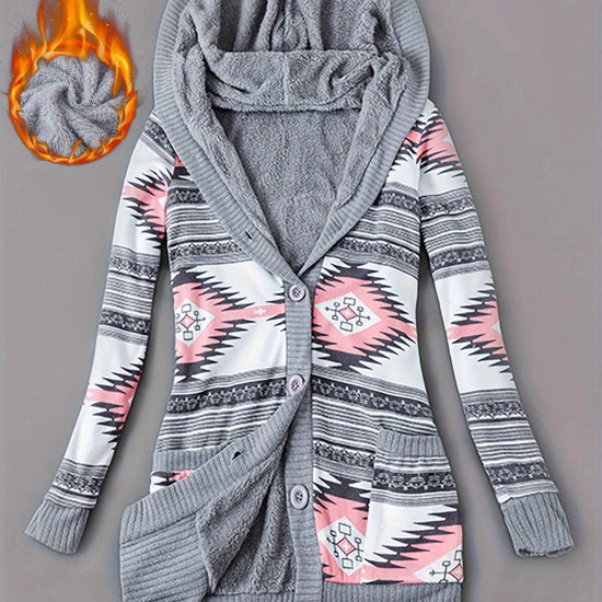 Geo Print Button Front Hoodie, Casual Long Sleeve Dual Pockets Slim Cardigan For Fall & Winter, Women's Clothing SS69 41.69 Grey Pink / Asian XXL(44)