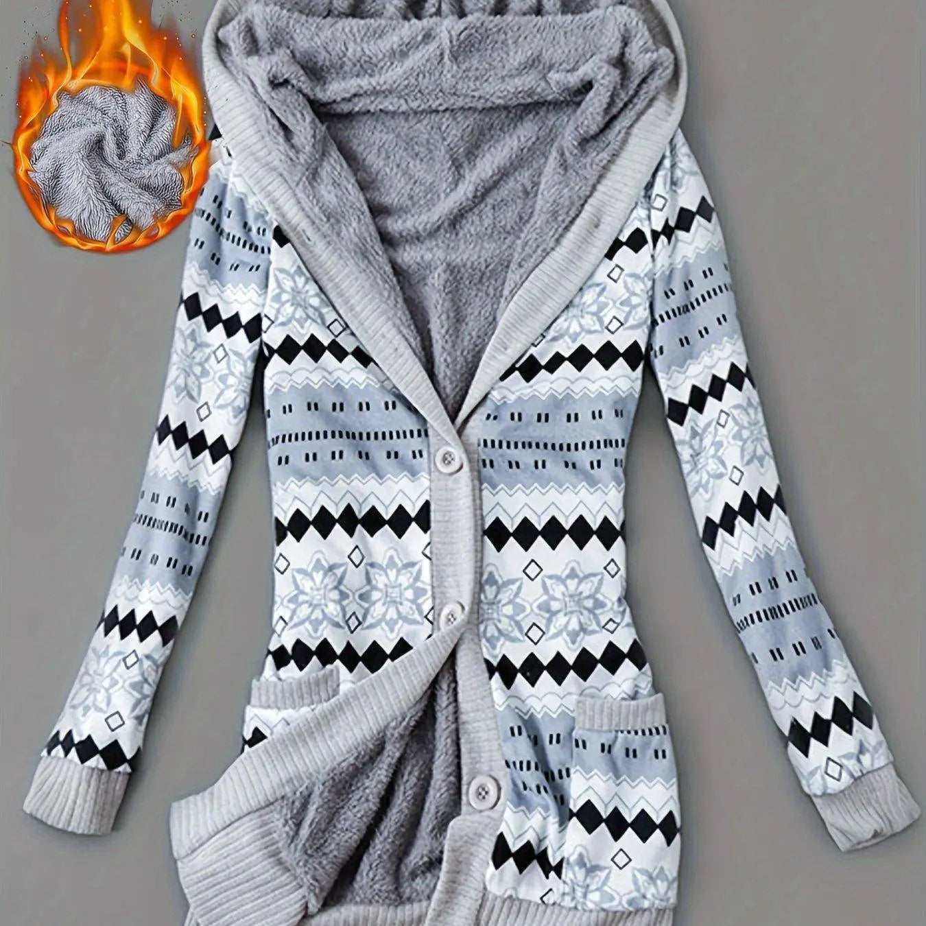 Geo Print Button Front Hoodie, Casual Long Sleeve Dual Pockets Slim Cardigan For Fall & Winter, Women's Clothing SS69 41.69 Blue / Asian XXL(44)