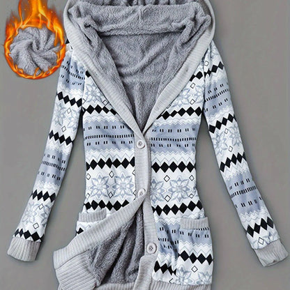 Geo Print Button Front Hoodie, Casual Long Sleeve Dual Pockets Slim Cardigan For Fall & Winter, Women's Clothing SS69 41.69 Blue / Asian XXL(44)