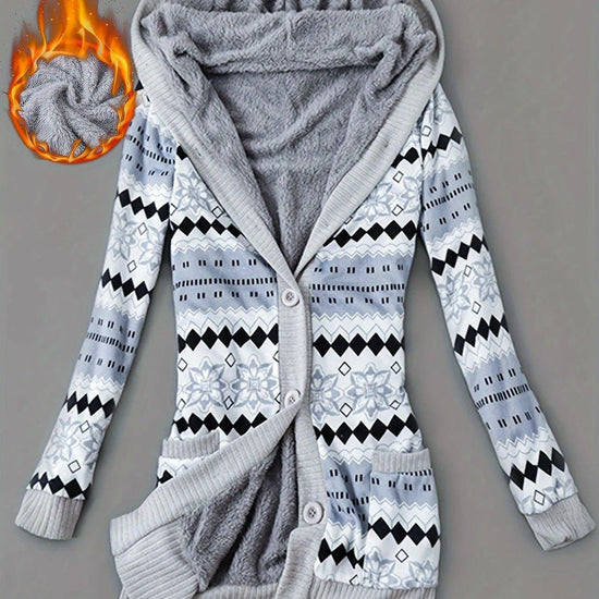 Geo Print Button Front Hoodie, Casual Long Sleeve Dual Pockets Slim Cardigan For Fall & Winter, Women's Clothing SS69 41.69 Blue / Asian XXL(44)