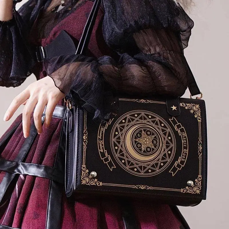 Geometric Star & Moon Magic Book Crossbody Shoulder Bag, Women'S Sweet JK Uniform Style, Anime-Inspired Faux Leather Purse with Magnetic Closure, PVC Lining, Japanese Kawaii Fashion SS69