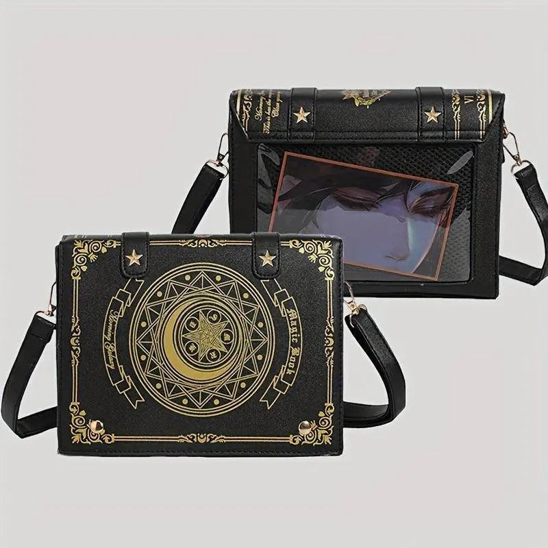Geometric Star & Moon Magic Book Crossbody Shoulder Bag, Women'S Sweet JK Uniform Style, Anime-Inspired Faux Leather Purse with Magnetic Closure, PVC Lining, Japanese Kawaii Fashion SS69