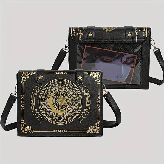 Geometric Star & Moon Magic Book Crossbody Shoulder Bag, Women'S Sweet JK Uniform Style, Anime-Inspired Faux Leather Purse with Magnetic Closure, PVC Lining, Japanese Kawaii Fashion SS69