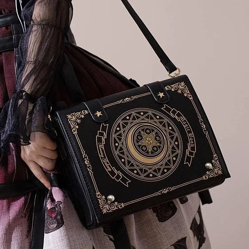 Geometric Star & Moon Magic Book Crossbody Shoulder Bag, Women'S Sweet JK Uniform Style, Anime-Inspired Faux Leather Purse with Magnetic Closure, PVC Lining, Japanese Kawaii Fashion SS69