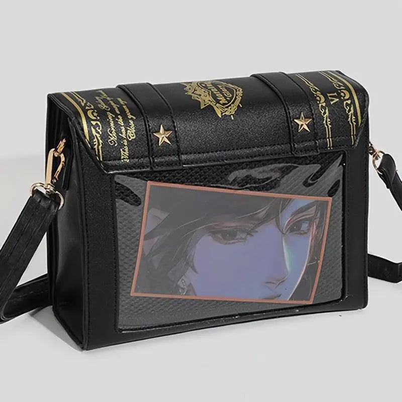 Geometric Star & Moon Magic Book Crossbody Shoulder Bag, Women'S Sweet JK Uniform Style, Anime-Inspired Faux Leather Purse with Magnetic Closure, PVC Lining, Japanese Kawaii Fashion SS69