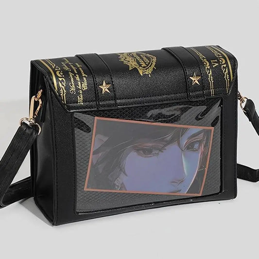 Geometric Star & Moon Magic Book Crossbody Shoulder Bag, Women'S Sweet JK Uniform Style, Anime-Inspired Faux Leather Purse with Magnetic Closure, PVC Lining, Japanese Kawaii Fashion SS69
