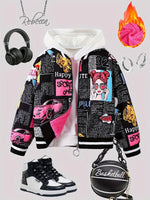 Girls' Cozy Fleece-Lined Pop Art Print Bomber Jacket - Casual Zip-Up Baseball Style Outerwear for Fall/Winter, Sizes 130-170 SS69