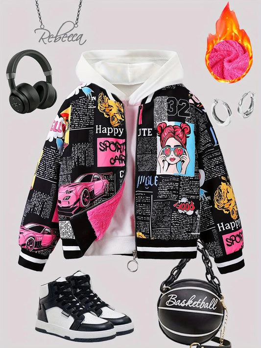 Girls' Cozy Fleece-Lined Pop Art Print Bomber Jacket - Casual Zip-Up Baseball Style Outerwear for Fall/Winter, Sizes 130-170 SS69