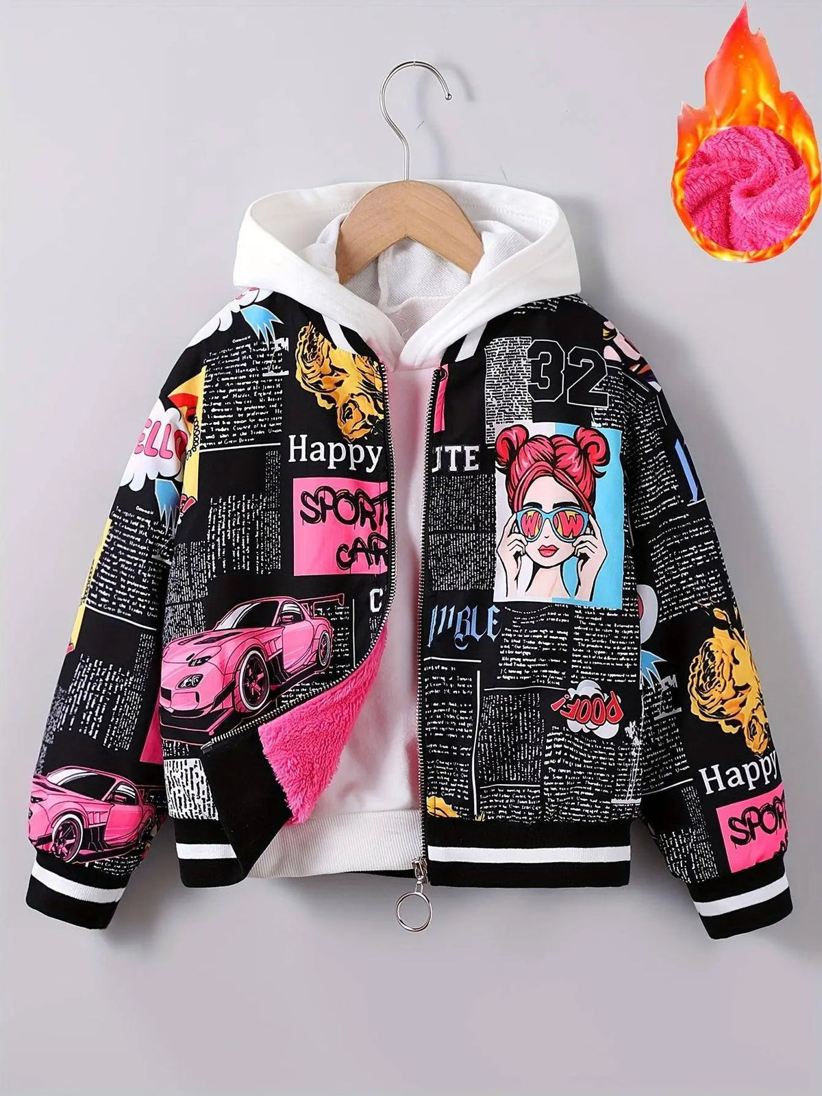 Girls' Cozy Fleece-Lined Pop Art Print Bomber Jacket - Casual Zip-Up Baseball Style Outerwear for Fall/Winter, Sizes 130-170 SS69