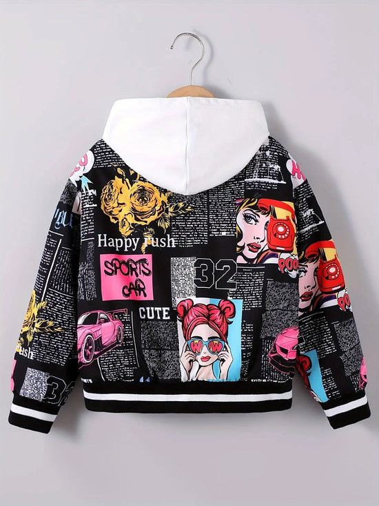 Girls' Cozy Fleece-Lined Pop Art Print Bomber Jacket - Casual Zip-Up Baseball Style Outerwear for Fall/Winter, Sizes 130-170 SS69