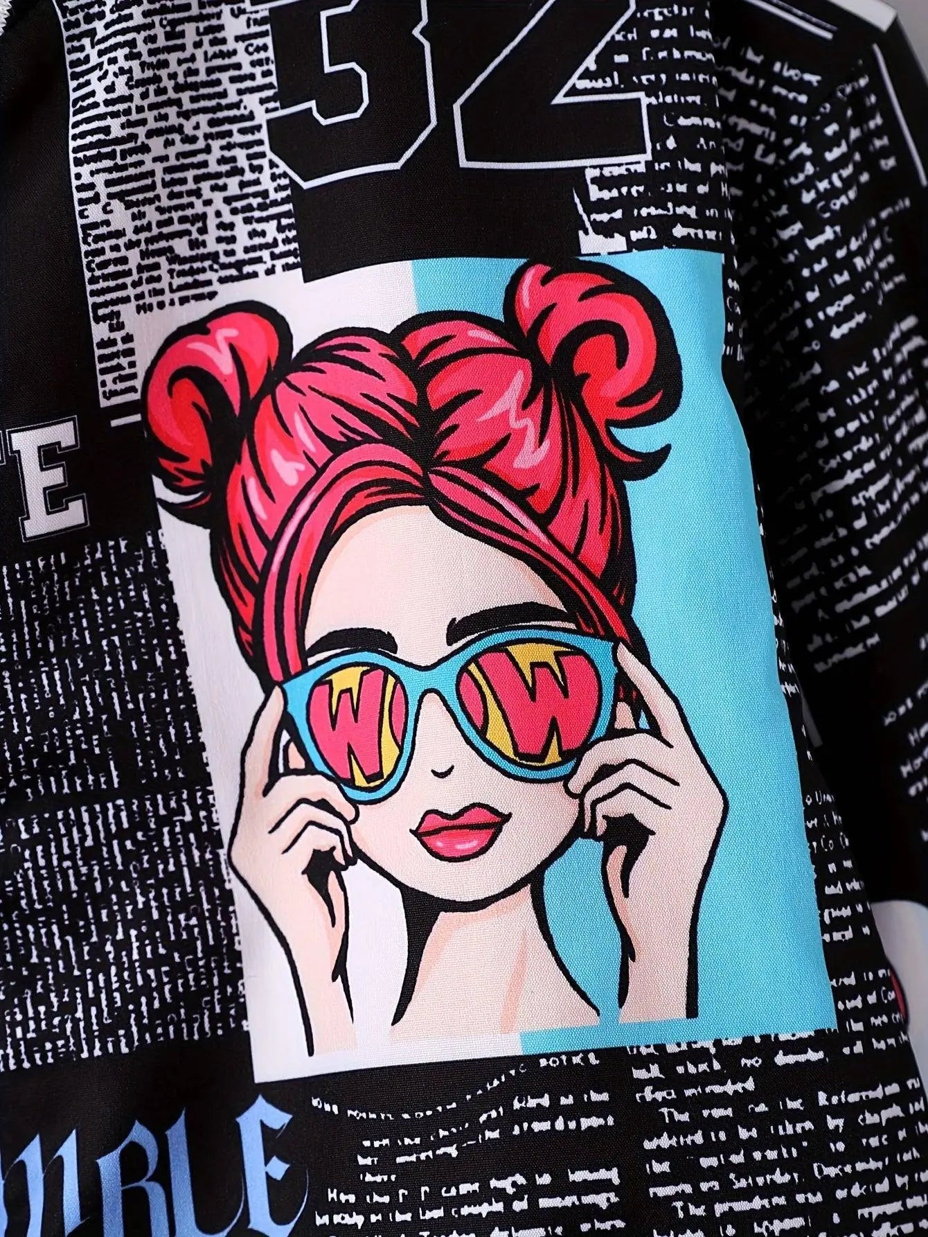 Girls' Cozy Fleece-Lined Pop Art Print Bomber Jacket - Casual Zip-Up Baseball Style Outerwear for Fall/Winter, Sizes 130-170 SS69