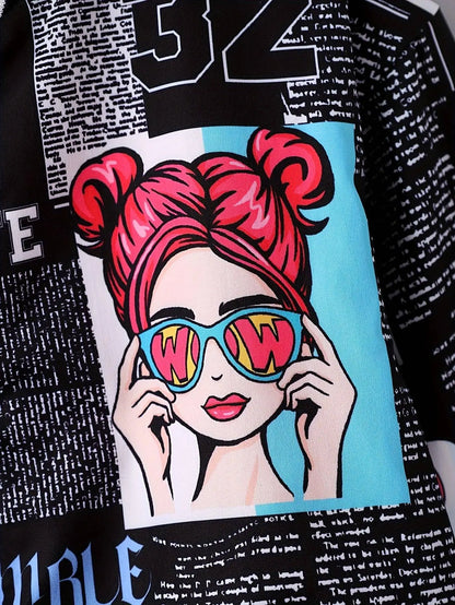 Girls' Cozy Fleece-Lined Pop Art Print Bomber Jacket - Casual Zip-Up Baseball Style Outerwear for Fall/Winter, Sizes 130-170 SS69